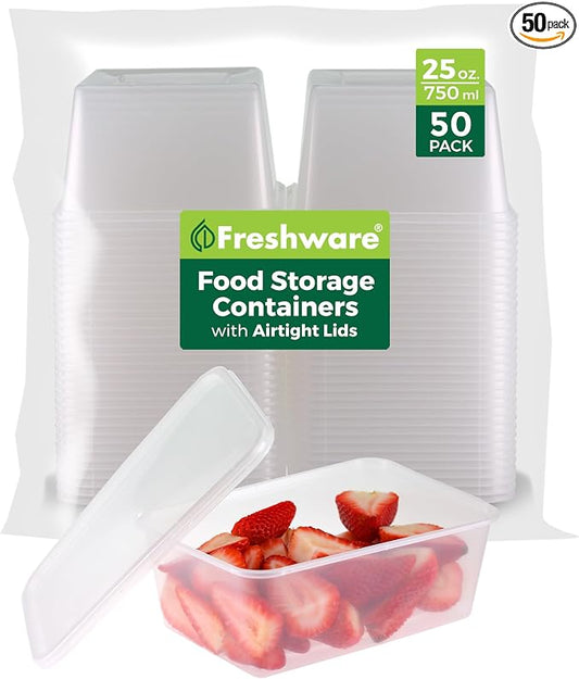 Freshware Food Storage Containers [50 Set] 25 oz Plastic Deli Containers with Lids, Slime, Soup, Meal Prep Containers, BPA Free, Stackable, Leakproof, Microwave, Dishwasher and Freezer Safe by Freshware