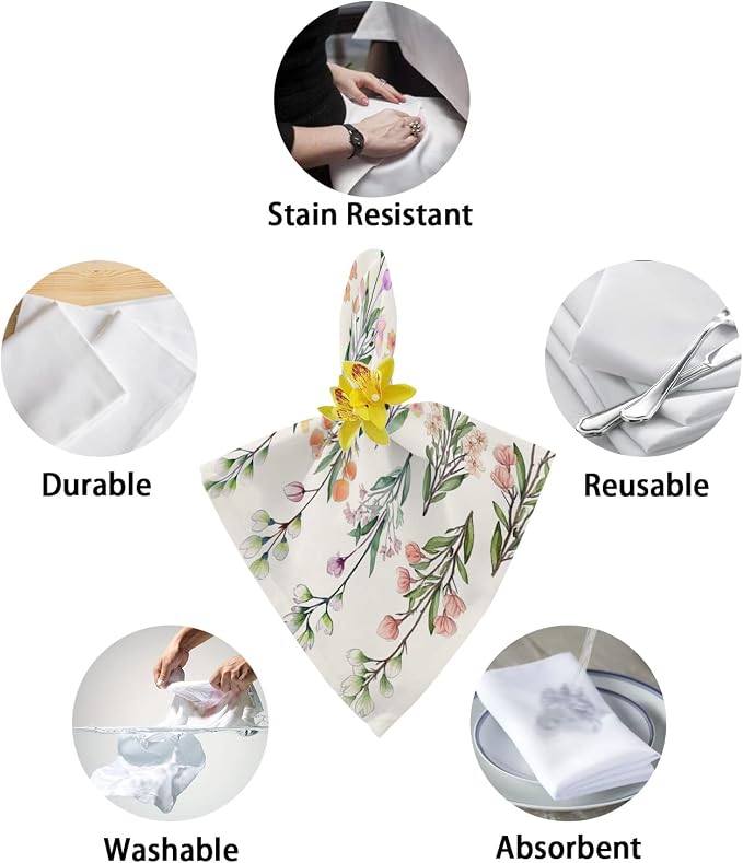 Floral Cloth Napkins Set of 4, Pink Purple Flower Green Leaves Spring Botanical Dinner Napkins Cloth Washable, Cocktail Napkins Reusable for Wedding, Party, Birthday (20"x20") - Image 6