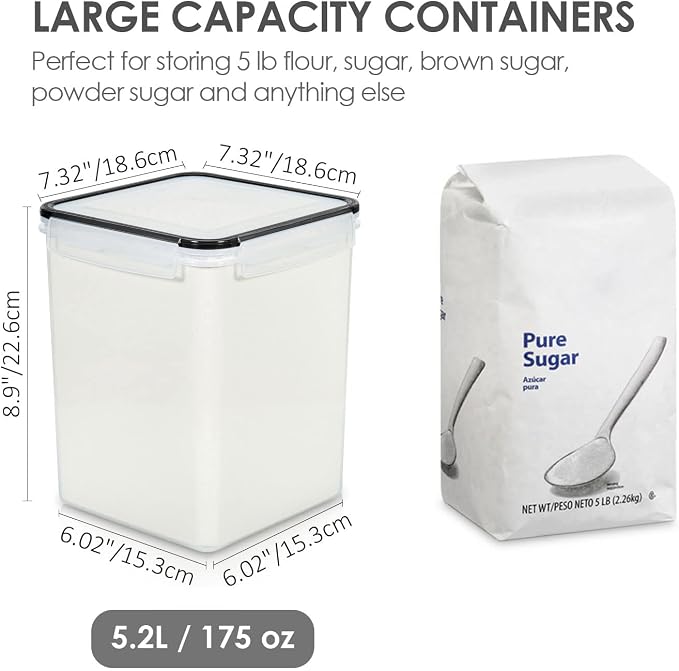 Vtopmart 5.2L Flour Sugar Storage Containers, 4 PCS, Black | For Bulk Flour and Sugar Storage, Airtight Seal, Multiple Sizes, BPA Free, Food Grade Material, Dishwasher Safe (Not Lids) - Image 2