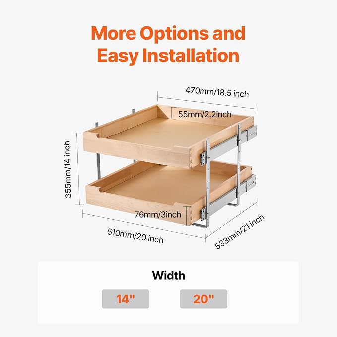 VEVOR 2 Tier Pull Out Cabinet Organizer, 20" W x 21" D Cabinet Drawer, Soft Close Slide out Shelf, Heavy-Duty Sliding Wood Drawer, Adjustable Base Cabinet Organization for Kitchen Pantry Bathroom - Image 7