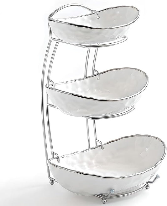 XUDREZ 2 Tier/ 3 Tier Fruit Bowl with Metal Stand for Kitchen Counter, Ceramic Gold Silver White, Portable Tiered Fruit Basket Fruit Rack for Nuts, Snacks, Bread, Candy Storage (White B, 3 Tier) by XUDREZ