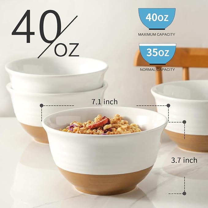 HASENSE Large Ceramic Soup Bowls Set of 4, 40 Oz 7 Inch White & Terracotta Stoneware Mixing Bowls, Farmhouse Bowls for Cereal, Salad, Pasta & Ramen, Dishwasher & Microwave Safe - Image 3