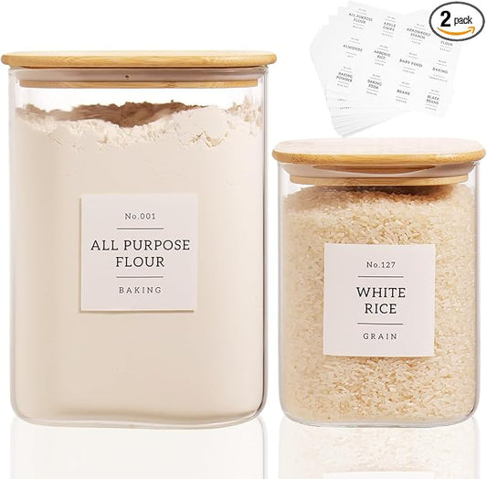 2 Pack large Square Glass Flour and Sugar Containers with 132 Kitchen Pantry Labels - 110 floz & 51 floz - Glass Jars with Airtight Bamboo Lid - Glass Rice Canisters for Coffee, Pasta, Cookie, Cereal by CZDYSM