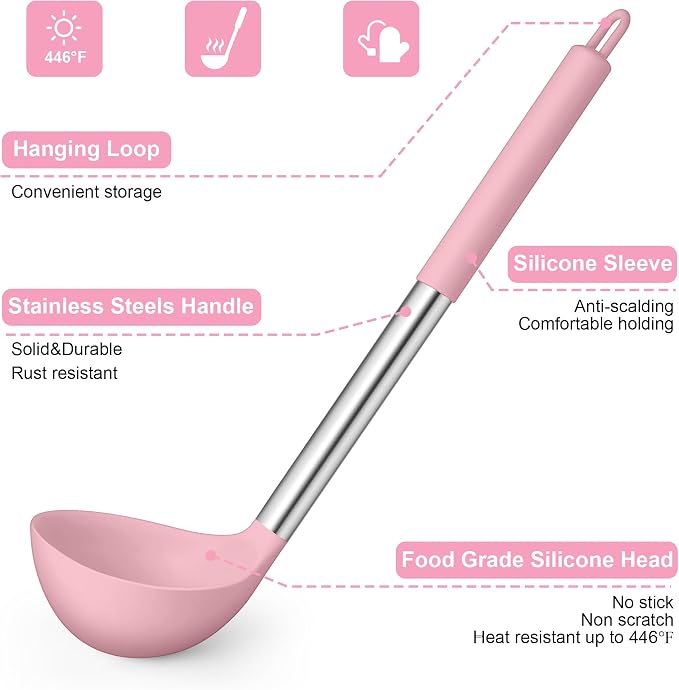 LIANYU 15 Piece Cooking Utensils Set with Stainless Steel Handle, Silicone Kitchen Gadgets with Holder, Heat Resistant Spatula Spoon Turner Tong Whisk Brush Tools for Cooking, Dishwasher Safe, Pink - Image 2
