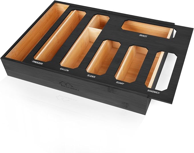 6 in 1 Bamboo Ziploc Bag Storage Organizer, Black Baggie Organizer for Drawer with Sliding Lid - Fits Gallon, Quart, Sandwich, Snack & Freezer Bags, Wall Mountable Kitchen Drawer Organization by BOHOMDEC
