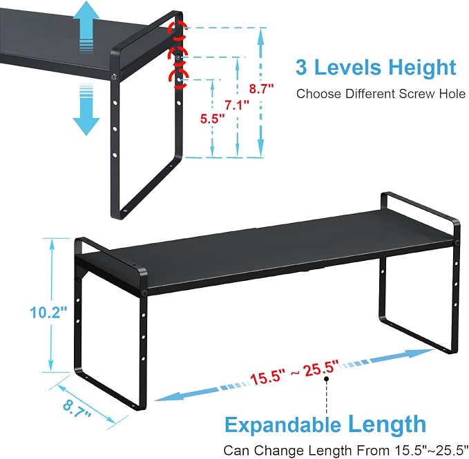 15.5 to 25.5 Inch Kitchen Cabinet Shelf Organizers, Adjustable Kitchen Counter Shelf Organizer, Set of 3 Expandable Countertop Storage Shelves, Stackable Design, 30LBS Heavy Duty, Space Saver - Image 2