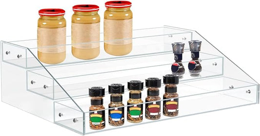 PMMASTO Widen Tiered Spice Rack, Seasoning Organizer, Clear Acrylic Vertical Shelves Can Organizer for Countertop, Cabinet, Pantry, Kitchen Organization and Storage - 3 Tier by PMMASTO