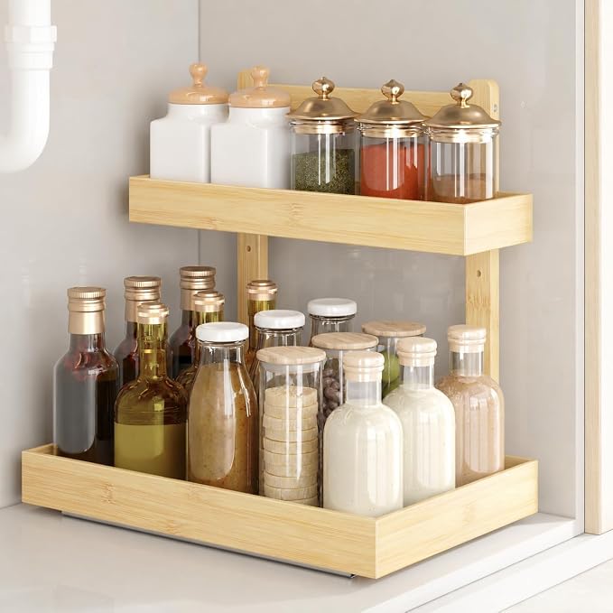 Bamboo Under Sink Organizer, 2-Tier Pull Out Cabinet Organizer | Kitchen Sink Organizer | Bathroom Cabinet Organizer | Cleaning Supply Storage | L-Shape | 3-Level Adjustable | Natural Bamboo by WisuceHome