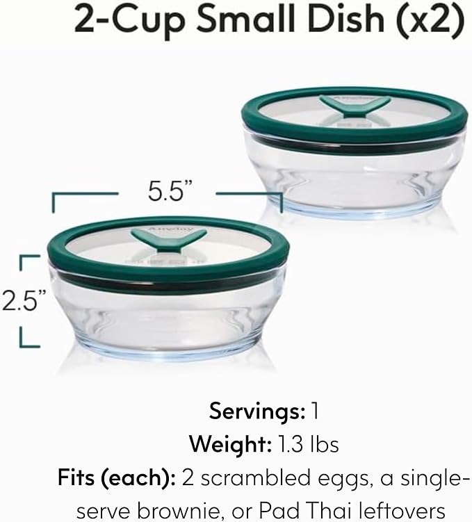 Anyday 2-Pack 2-Cup Glass Food Storage Set (Clear Kale) | Glass Lids, Plastic-Free Meal Prep Set, Stackable Airtight Storage Container, Vented Lid for Microwave-Safe Reheating - Image 2