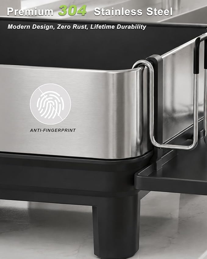 Dish Drying Rack, 304 Stainless Steel Dish Rack and Drainboard Set, Rustproof Dish Drainer with Anti-Pooling Automatic Drainage, Large Capacity Kitchen Counter Organizer, Black - Image 2