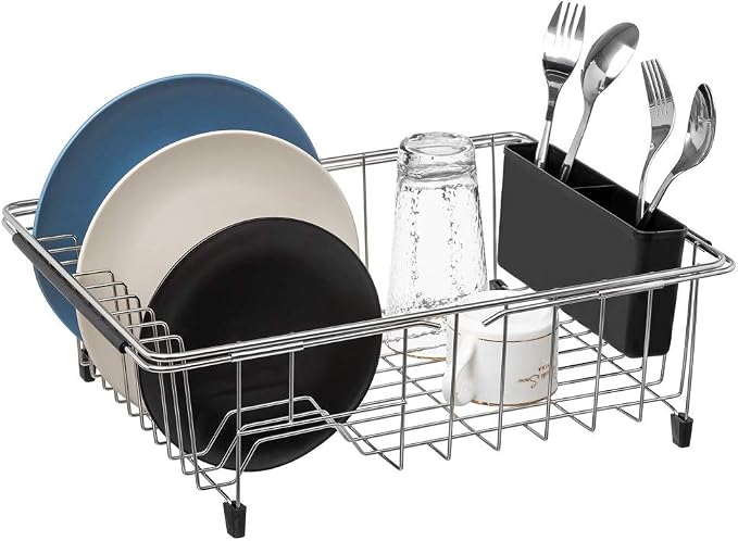 SANNO Expandable Dish Drying Rack, Large Dish Rack Adjustable Deep Dish Drainer Stainless Steel Cutlery Utensil Holder Silverware Organizer Rack with Hooks - Image 5