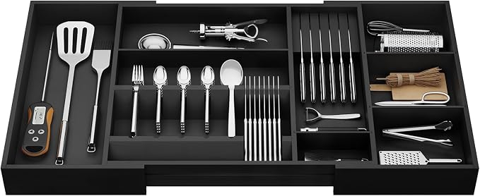 Bamboo Silverware Drawer Organizer, 17.72-29.53 Inch Expandable Large Kitchen Drawer Organizer, 5-8 Slot Flatware with Removable Card Slots & Knife Block for Spoon Butter Knive, Black - Image 8
