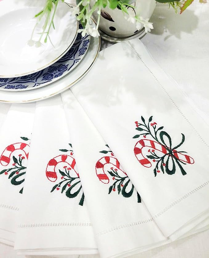 Embroidered Cloth Napkin Candy Cane Christmas Cotton Napkins Set of 6, 20x20 Hemstitch Table Napkins Machine Washable, Daily & Christmas, Great Present Ideas - Image 7