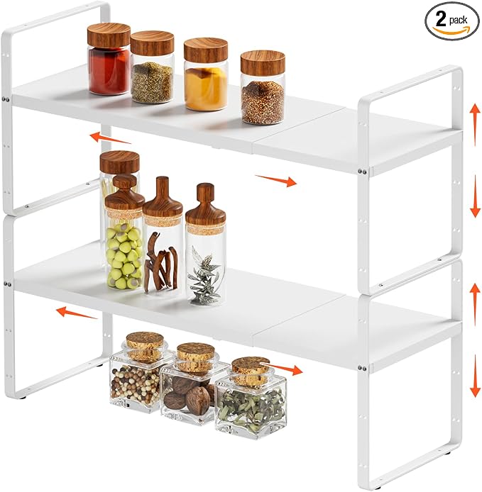 2Pack 16.5-27''L Expandable Cabinet Countertop Shelf Organizer, White | 8"W x 9.6"H, Stackable Metal Shelves, Storage Spice Rack, For Pantry and Cupboard, Kitchen Organizers and Storage by DPZM