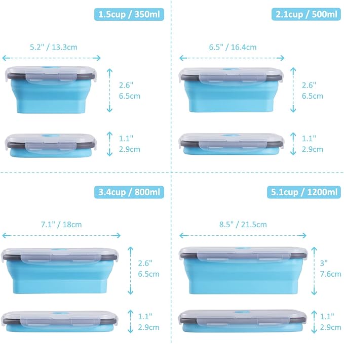 Collapsible Food Storage Containers with Airtight Lid & Air Vent, 4 Sizes, Kitchen Stacking Silicone Collapsible Meal Prep Container Set for Leftover, Microwave Freezer Dishwasher Safe, Blue, Set of 4 - Image 5