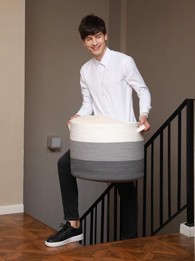 20x15 Inch Extra Large Round Cotton Rope Storage Basket with Lid, Decorative Woven Bin with Cover for Living Room Bedroom Closet, Grey & Dark Grey - Image 6
