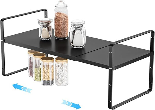 Expandable Stackable Cabinet Shelves, 16.5-27''L, Black | 10.2"W x 9.6"H, Adjustable Spice Rack, For Kitchen, Countertop, Pantry and Cupboard by DPZM