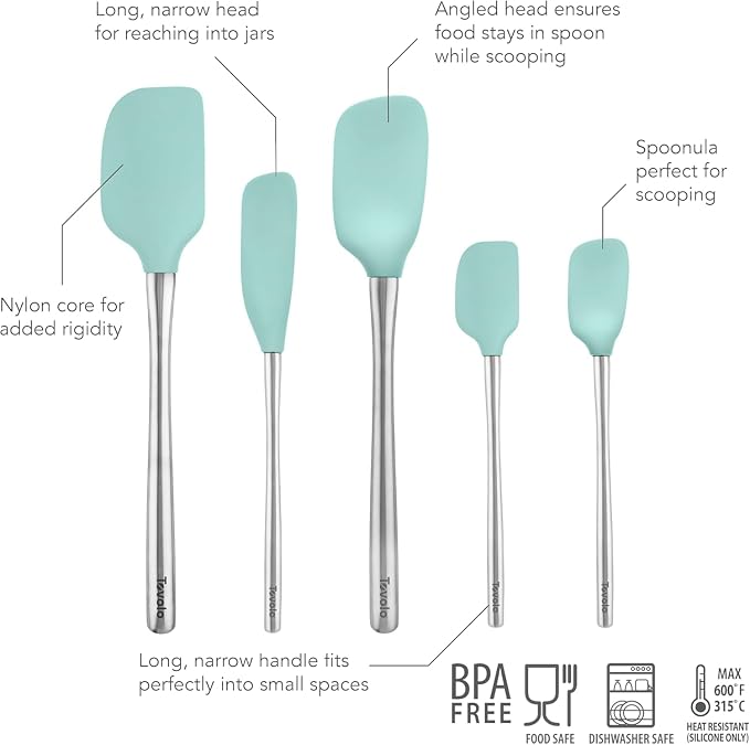 Tovolo Stainless Steel Handled Silicone Spatula Set of 5, Dishwasher Safe Kitchen Spatula Set for Cooking Baking, BPA Free Silicone Spatula set with Metal Steel Handle, Aqua Seafoam Green - Image 2