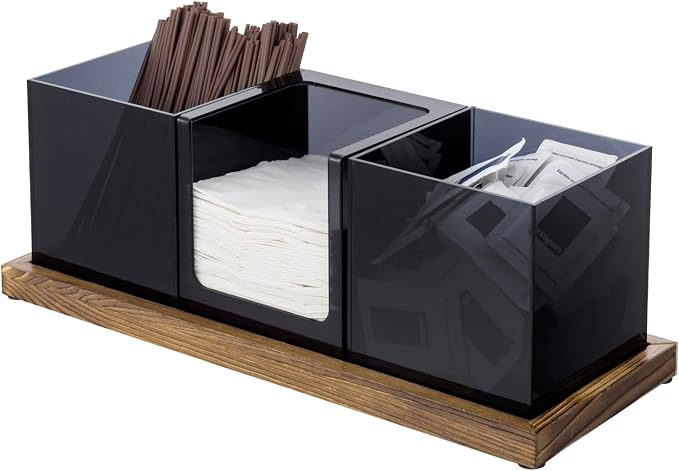 MyGift Coffee Organizer, Modern Acrylic Coffee and Tea Organizer with 3 Removable Premium Translucent Black Acrylic Compartments and Rustic Burnt Solid Wood Decorative Tray, 4 Piece Set by MyGiftHome