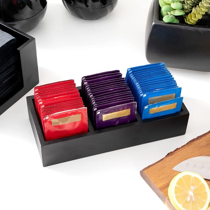 Restaurantware-9.5 x 4.25 x 2 Inch Coffee Condiment Organizer, 1 Rectangle Creamer Organizer - 3 Compartments, Black Bamboo Coffee Accessory Caddy, Won't Chip, For Tea And Sugar Packets - Image 7