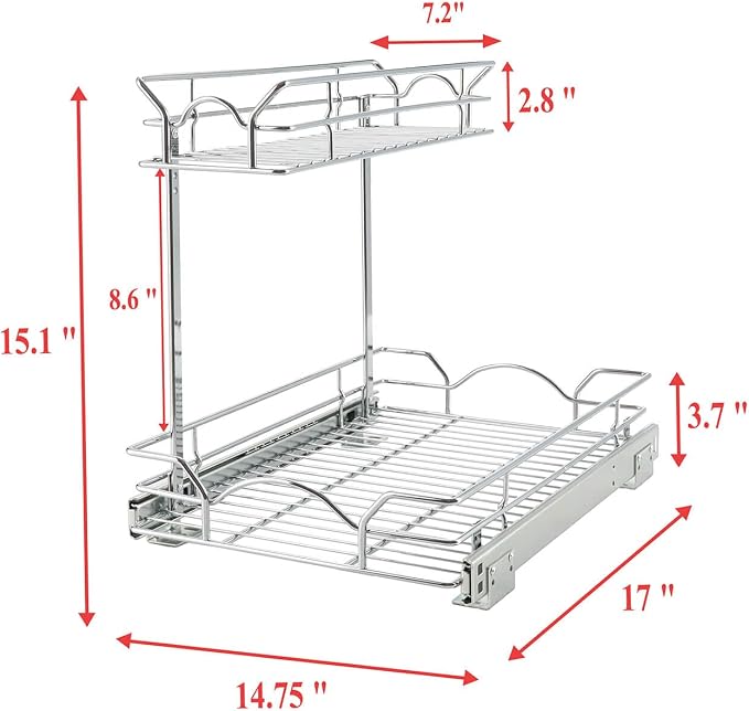 OCG Under Sink Cabinet Organizer Two Tier Pull Out Shelf (14.75W x 17D), Under Sink Sliding Shelf for Kitchen Bathroom Cabinet 2 Tier Chrome - Image 3