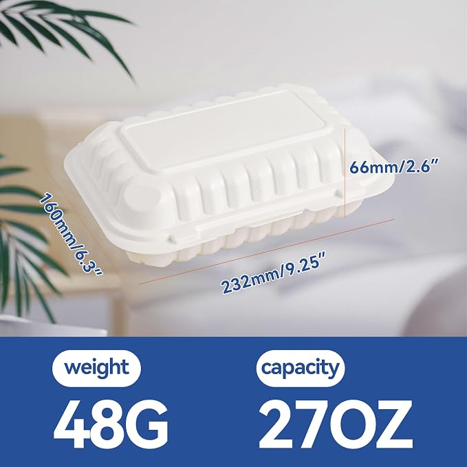 9x6 27 oz 50 Pack To Go Containers - Shrink Wrap Ready to Use | Mineral Filled PP BPA Free Clamshell | Freezer Microwave Safe | White Reusable Food Boxes for Commercial, Sandwiches & Salad - Image 3
