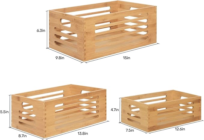 ANMINY Wood Storage Bins Crates, Nesting 3PCS, Mortise-Tenon | Natural Bamboo Boxes Bins with Built-in Handles, Sturdy Corner Joints, Hollow Stripe Design, Nestable for Pantry Shelf - Image 5