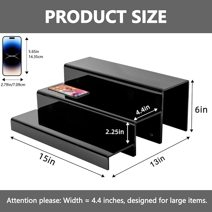JUESHA 2 Pack Tiers Bar Shelves for Liquor Bottles, 15" Clear Acrylic Risers Display Racks Stands for Figures Pops Cupcake Perfume Collections (Black) - Image 2