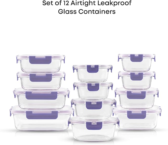 JoyJolt 24pc Borosilicate Glass Storage Containers with Lids | 12 Airtight/Freezer Safe Food Storage Containers for Pantry and Kitchen | Meal Prep Container for Lunch | Glass Tupperware Set - Image 3