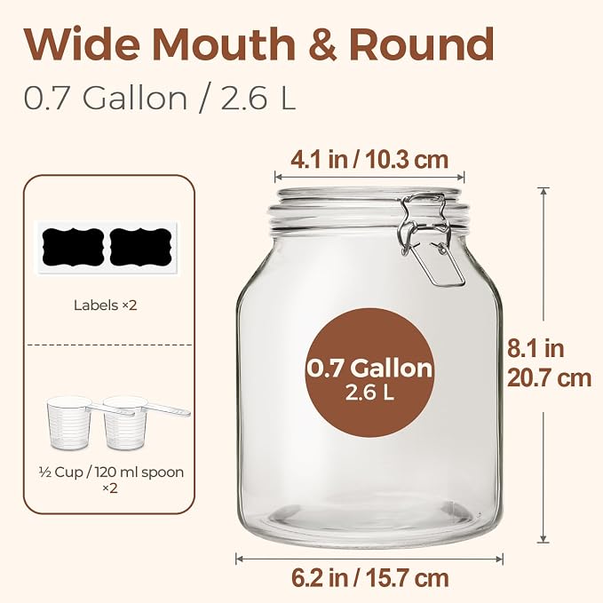 ComSaf Glass Pantry Jars with Airtight Lids 0.7 Gallon 2 Pack Wide Mouth | Flour sugar rice, Sourdough pickling, Pantry organization, Scoop included, Baking supplies, Bulk food storage, Large capacity - Image 3