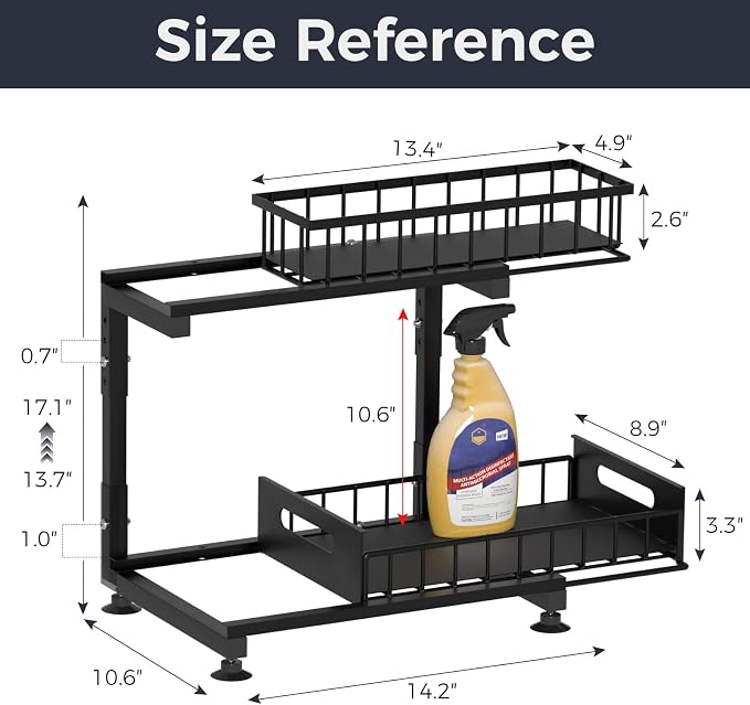 2-Pack L-Shaped Under Sink Organizer, 2-Tier Pull-out Cabinet Rack | Black Height-Adjustable Metal Rack, Sliding Grid Drawers with Safety Stopper, Holds 100 Lbs, Ideal Kitchen Cabinet Storage - Image 6