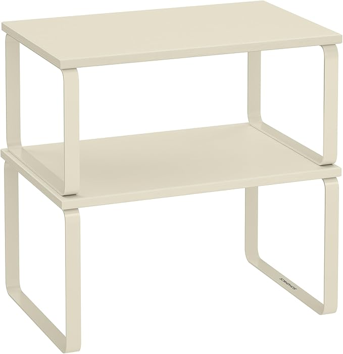 SONGMICS Cabinet Organizer Shelf, Set of 2 Kitchen Counter Shelves, Kitchen Storage, Spice Rack, Stackable, Expandable, Metal and Engineered Wood, 11.7 Inches, Cream White UKCS002W02 by Unknown