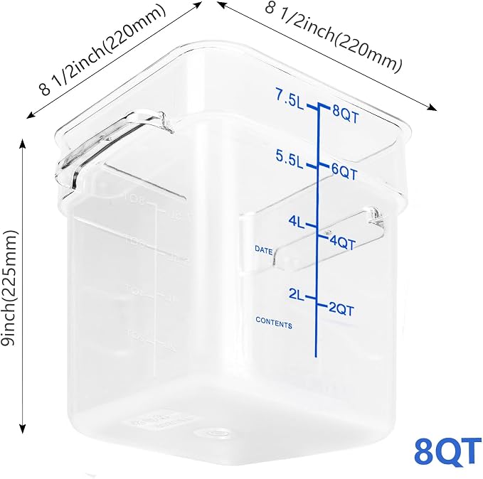 4 Pack Food Storage Containers with Blue Lids, 8.0 Qt - Square, Clear, Polycarbonate, for Restaurant Commercial Kitchen and Home party - Image 2