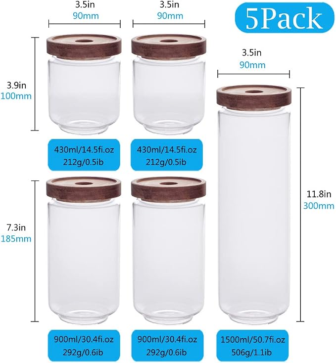 SAIOOL Set of 5 Kitchen Canisters,Thick, Stackable, Natural Style,Cookie, Rice and Spice Jars - Sugar or Flour Container - Big and Small Airtight Food Jar for Pantry - Image 2