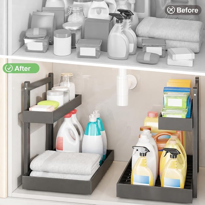 Bamboo Under Sink Organizer 2 Pack, 2-Tier Pull Out Cabinet Organizer | Kitchen Sink Organizer | Bathroom Cabinet Organizer | Cleaning Supply Storage | L-Shape | 3-Level Adjustable | Natural Bamboo - Image 5