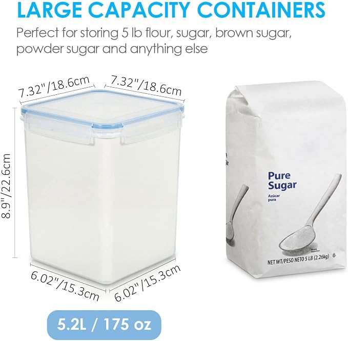 Vtopmart Large Food Storage Containers 5.2L / 175oz, 4 Pieces BPA Free Plastic Airtight Canisters for Flour, Sugar, Baking Supplies, Rice with Lids, 4 Measuring Cups and 24 Labels, Blue (Pack of 2) - Image 2