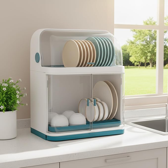 2 Tier Dish Drying Rack with Lid Cover Kitchen Counter Organizer with Drainboard & Cutlery Holder Space Saving for Small Kitchen - Image 2