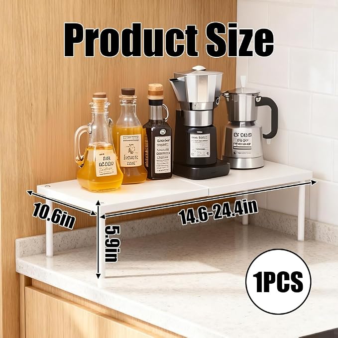 Extendable Metal Shelf Organizer - Adjustable 14.6-24.4in Length, Stackable Storage Rack for Kitchen, Pantry, Bathroom, Shoe Cabinet & Tool Closet (1 Pack, White) - Image 3