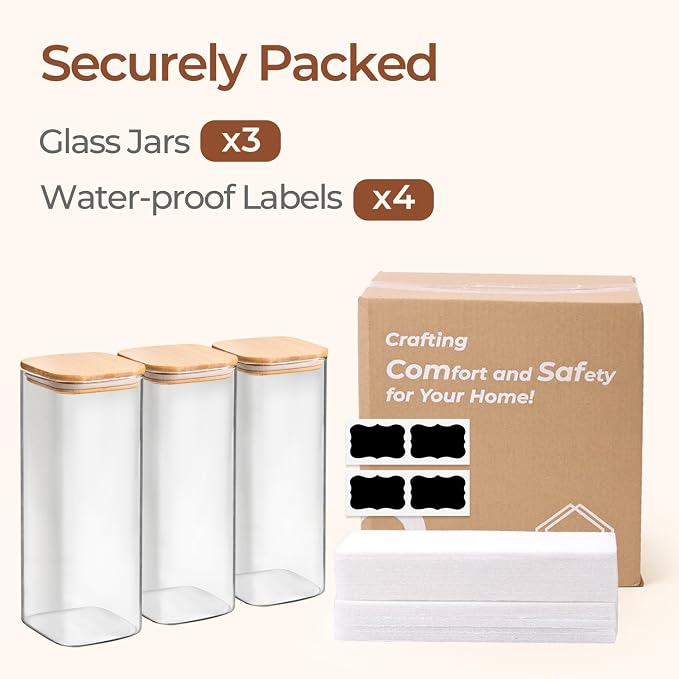 ComSaf Glass Storage Containers wtih Lids 1.9 Qt, Set of 3 Food Storage Jar | Pantry Storage Containers, Glass Jar, Square Canisters, Bamboo Lid with Silicone Seal, Cookie, Cereal, Coffee, 61oz, BPA Free - Image 8