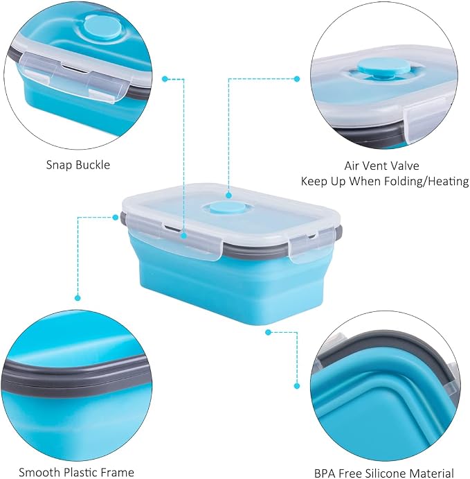 Collapsible Food Storage Containers with Airtight Lid & Air Vent, 16.9 oz, Kitchen Stacking Silicone Collapsible Meal Prep Container Set for Leftover, Microwave Freezer Dishwasher Safe, Blue, Set of 4 - Image 5