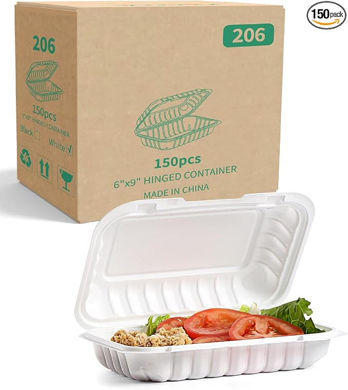 YANGRUI 150-Pack 28oz 9x6 Rectangular Hinged Container - Mineral-Filled PP | Clean Packed Ready to Use | Heavy Duty Meal Prep & Takeout Boxes | Microwave Safe for Sandwiches, Leftovers & Catering by YANGRUI