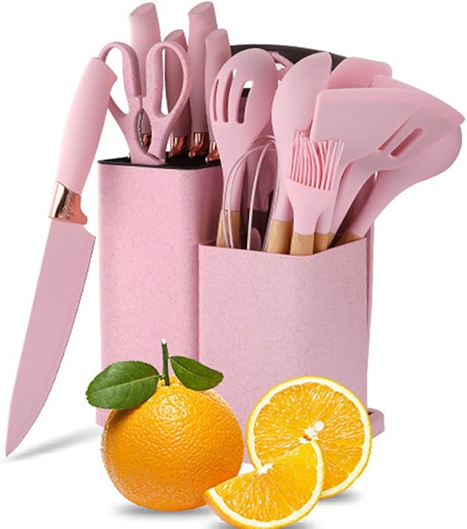19 Pcs Kitchen Cooking Utensils and Knife Set with Block, Include 11 Pcs Silicone Cooking Utensils Set 5 Pieces Sharp Stainless Steel Chef Knives Scissors Whisk Tongs and Cutting Board (Pink) by YAQIZENG