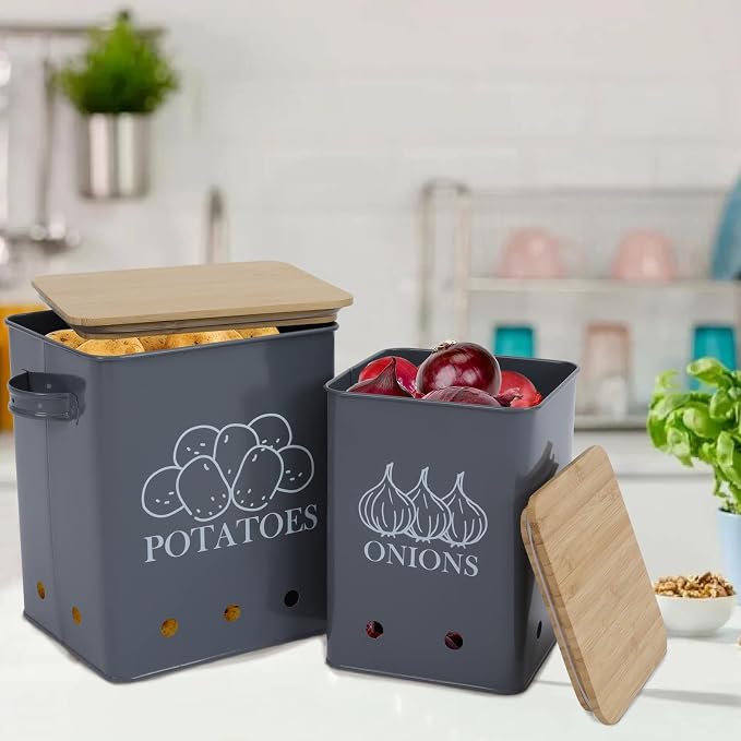 Kitchen Vegetable Storage Tins Set of 2, Onion and Potato Storage Bins with Wooden Lid and Aerating Holes, Garlic Bin Caddy, Vintage Kitchen Decor, Grey - Image 3