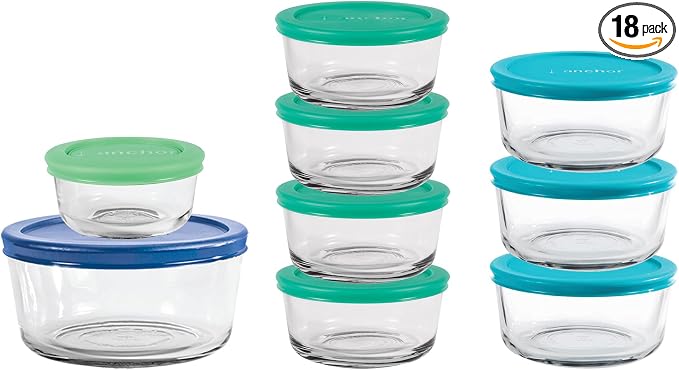 Anchor Hocking 18 Piece Glass Storage Containers with Lids (9 Glass Food Storage Containers & 9 Mixed Blue SnugFit Lids) by AnchorHocking