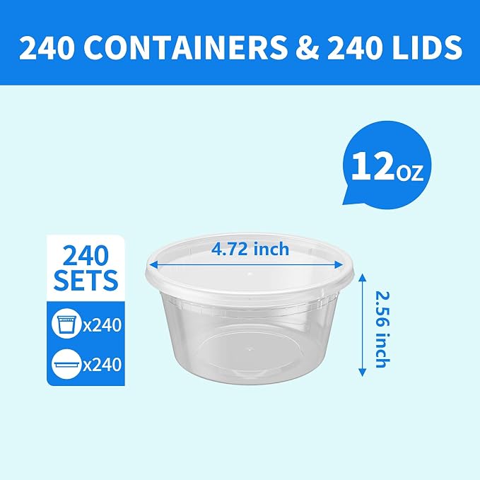 Plastic Deli Containers with Lids, 240 Sets 12 oz Leakproof Soup Cups | BPA-Free, Microwave Freezer Safe, Sturdy and Airtight, Crack-Proof for Takeout, Meal Prep, Slime, Leftovers Storage - Image 2