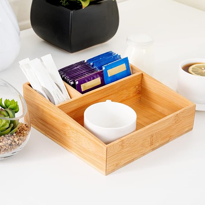 Restaurantware-8.3 x 8.3 x 2 Inch Coffee Condiment Organizer, 1 Square Creamer Organizer - 3 Compartments, Break-Resistant, Bamboo Coffee Accessory Caddy, Won't Chip, For Sugar Packets And Creamers - Image 9