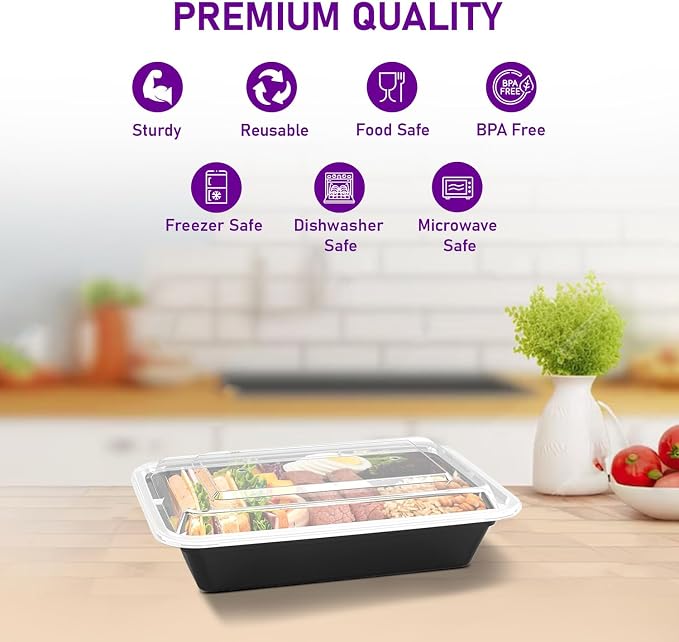 delka Meal Prep Containers -944ml | BPA-Free, Reusable Food Storage Boxes | Microwave, Freezer & Dishwasher Safe | Leakproof & Stackable for Healthy Meal Planning & Portion Control (10 Pack) - Image 3