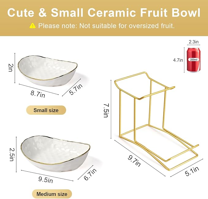 Fruit Bowl for Kitchen Counter, 2 Tier Fruit Basket for Counter, Ceramic Fruit tray, Tiered Holder with Metal Stand, Modern Detachable Rack for Vegetable Snack Dessert Storage (Gold&White) - Image 3