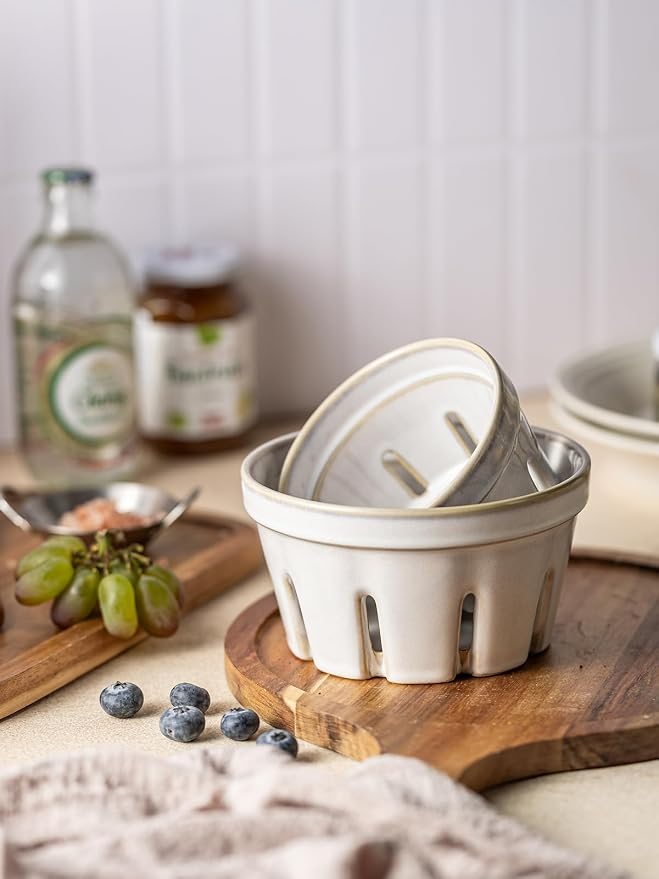 Gomakren Ceramic Berry Bowl Set of 2, Small Fruit Basket Colanders, White | Drain Holes Keep Berries Fresh, Stackable, Wash & Serve, Round Strawberry Basket for Fridge Kitchen Counter, Lovely Home Gift - Image 6