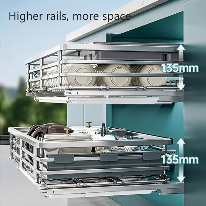 2 Tier Sliding Pull Out Drawers for Kitchen Cabinets, Stainless Steel Drawer Dish Rack Wire Basket, Dish Drying Rack with Drainboard Set, Storage Shelf Home Kitchen - Image 2